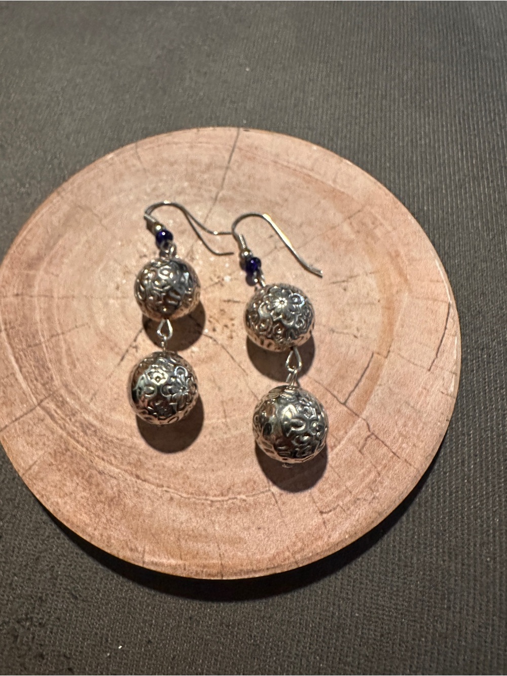 Silver Double Ball Drop Earrings with Blue Accent